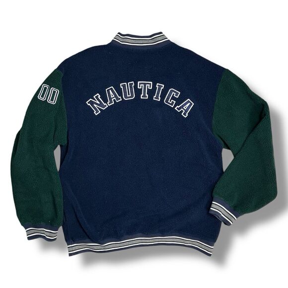 Nautica Fleece Mens XL Blue 90s Spellout Sporty Colorblock 1/4 Zip Varsity Retro - Picture 1 of 9
